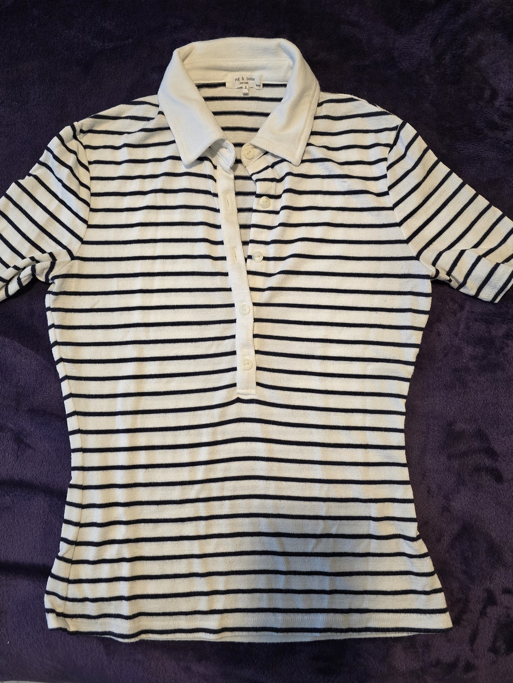rag & bone White Polo Button-Down with Black Stripes